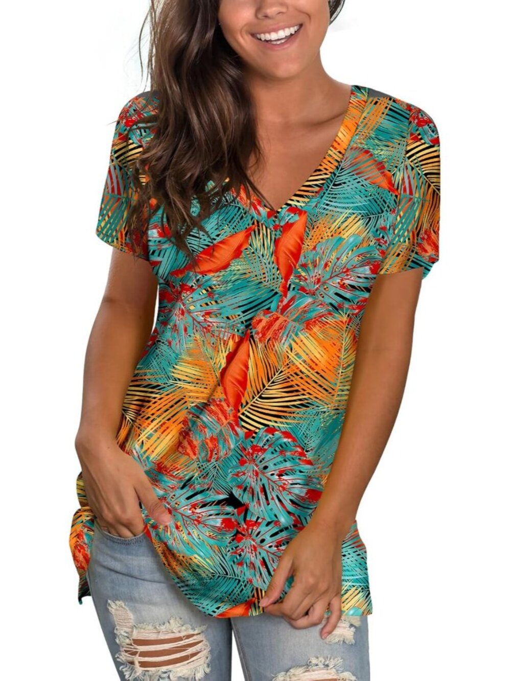 〽️Women Coconut Leaves V Neck Tee Loose Fitting Casual Short Sleeve Tops T Shirt
